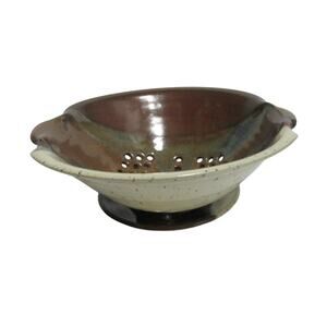 Berry Bowl Matching Underplate Colander Handmade Pottery Brown-Blue-Tan Signed